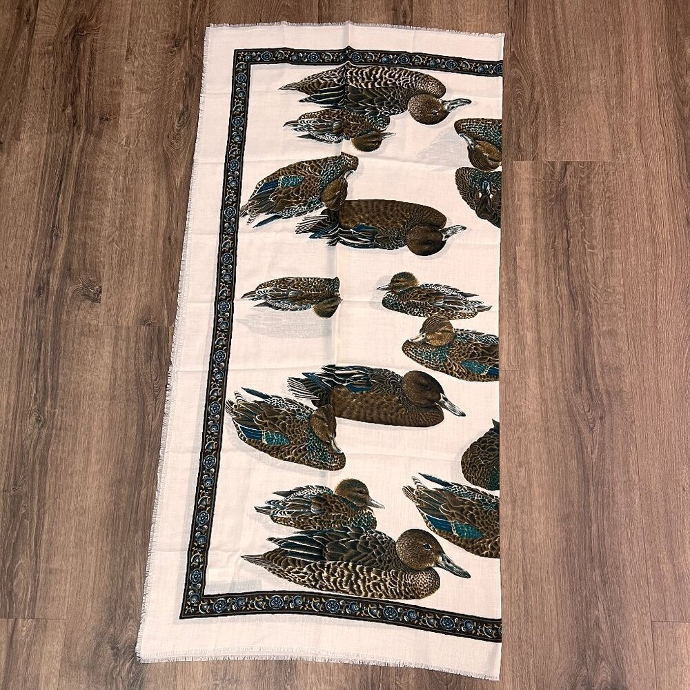 NEW Art of the Scarf Water Fowl Duck Square Fringed Ivory 46" Made in Italy - Picture 3 of 12